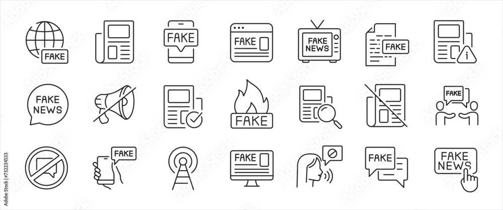 Fake news minimal thin line icons. Related hoax, propaganda, press, news, statement. Editable stroke. Vector illustration. Fake news minimal thin line icons. Related hoax, propaganda, press, news, statement. Editable stroke. Vector illustration.