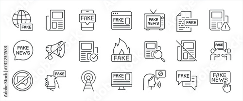 Fake news minimal thin line icons. Related hoax, propaganda, press, news, statement. Editable stroke. Vector illustration.