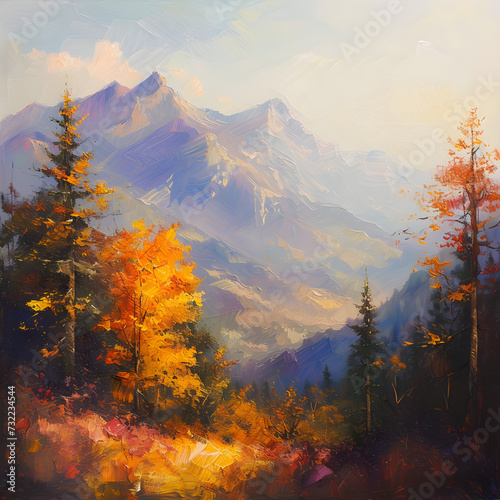 Autumn trees with mountain background in water color
