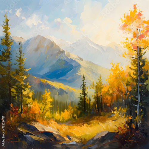 Autumn trees with mountain background in water color