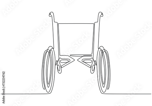 Continuous one line drawing of a wheelchair for individuals with disabilities. Vector illustration.