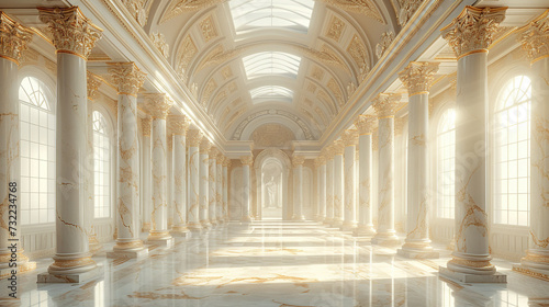 Interior of an empty hall with designed roof, pillars, window and marble floor. Created with Ai