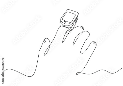 Continuous one line art drawing. Hand with oximeter on finger. Digital device to measure oxygen saturation in human.