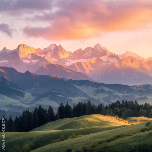 Watercolor illustration of mountains during sunset