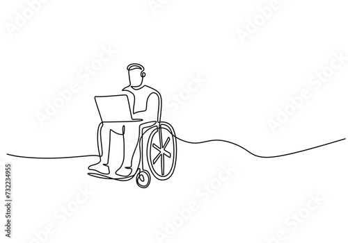 Disabled people using wheelchair. Continuous one line drawing
