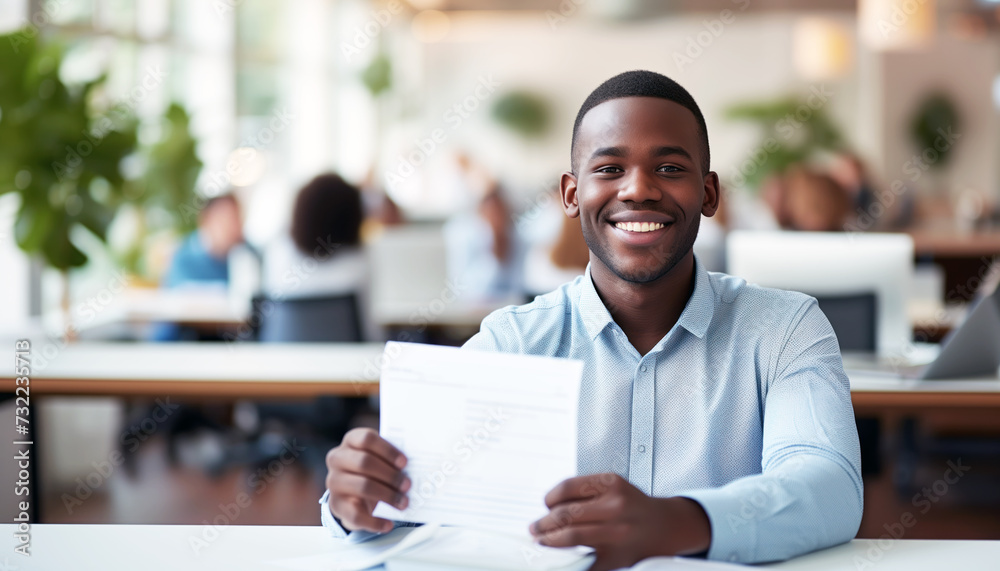 A happy candidate holds his resume in his hands after a successful interview and receiving a job invitation A happy candidate holds his resume in his hands after a successful interview and receiving a job invitation