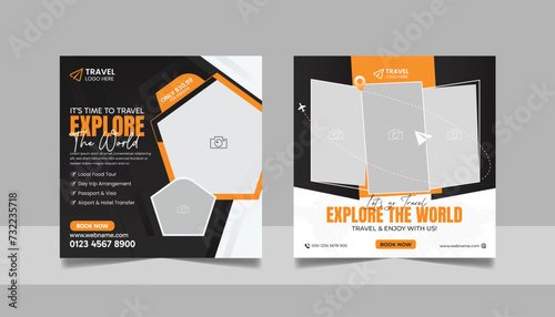 Travel tour promotion banner traveling business social media post or tourism marketing square flyer template