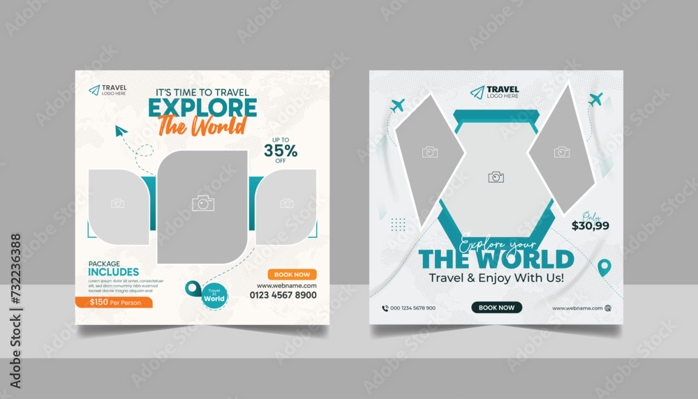 Naklejka premium Travel tour promotion banner traveling business social media post or tourism marketing square flyer template