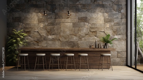 Wooden bar counter with stools in modern room with stone wall. photo