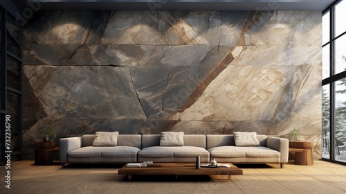 Modern living room interior design with marble wall, contemporary natural concept in downtown. photo