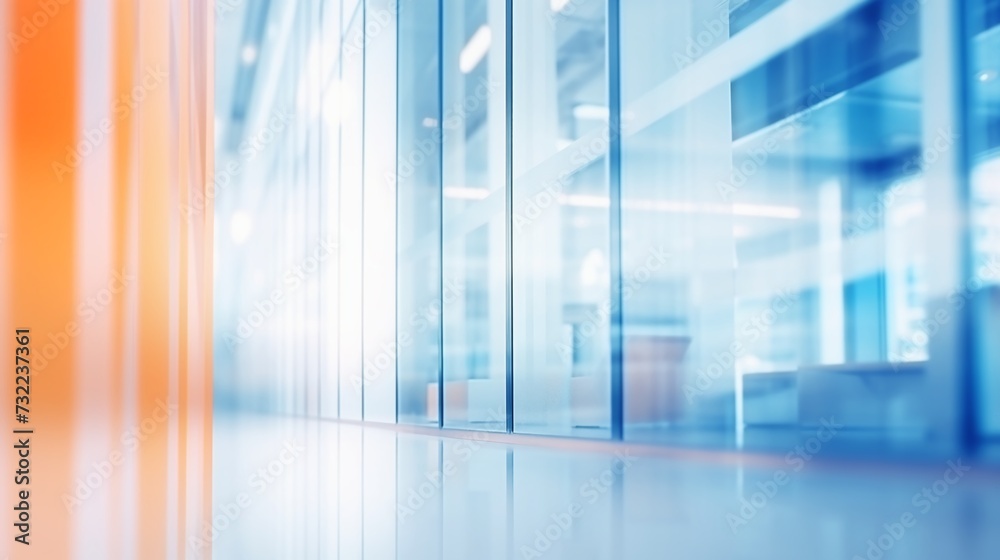 Empty corridor of modern office building with glass walls.