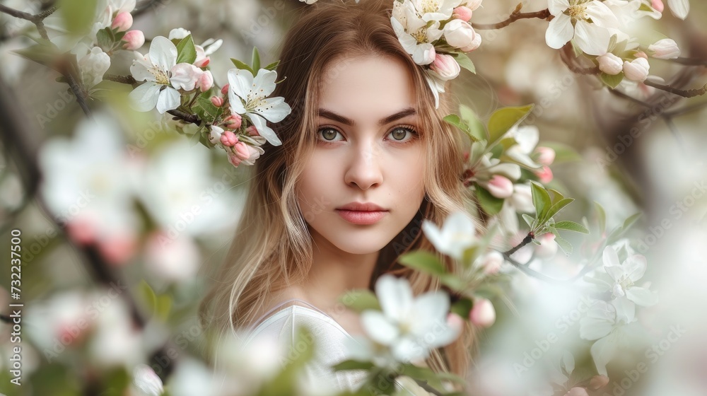 Portrait of a young beautiful woman in the spring flowers of an apple tree.