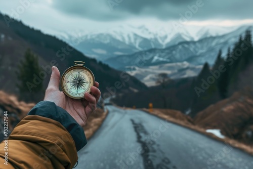 Hand man holding compass navigator on road. Travel concept