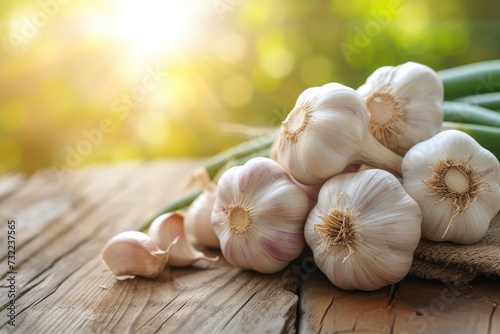 Garlic is placed on a wooden table with morning sunlight.