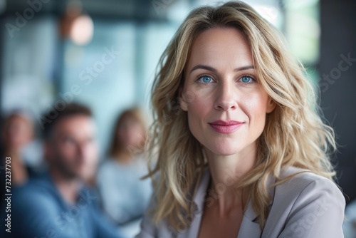 Blond woman, sporting a business casual look, confidently leading a team meeting in a modern office