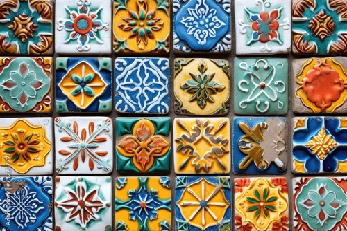 Beautiful colourful handmade ceramic tile with various ornament.