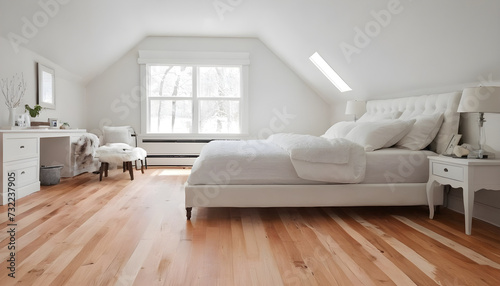 white elegant bedroom with hardwood floors