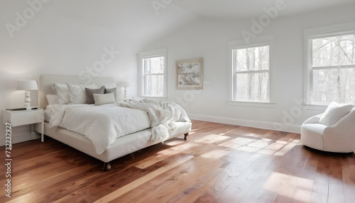 white elegant bedroom with hardwood floors