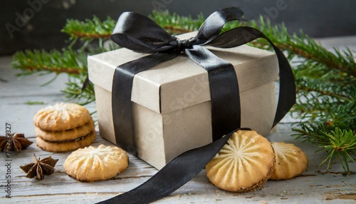 christmas cookies and gifts, christmas cookies and gifts, A gift box with a black ribbon and some cookies, Ai Generate