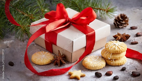 christmas cookies, A gift box with a red ribbon and some cookies, Ai Generate 