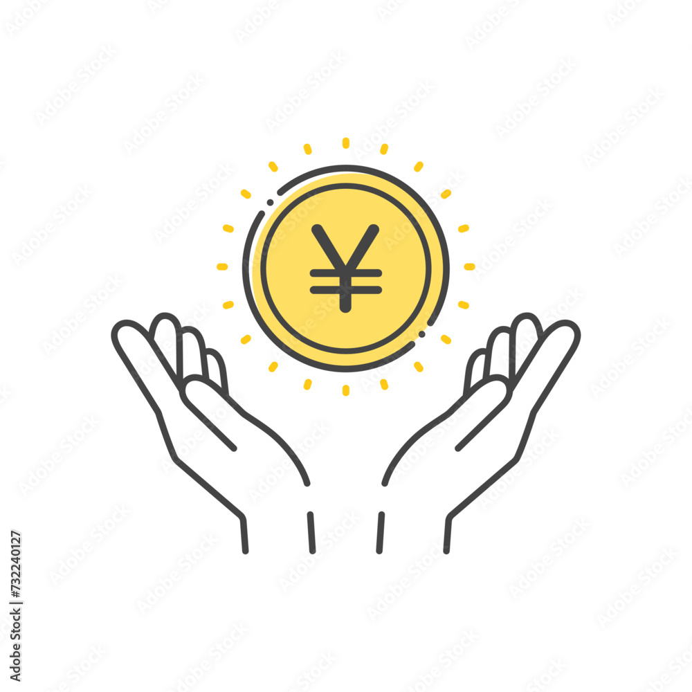 Obraz premium ¥の文字とコインを持っている人の手のアイコン- 日本や中国などのお金･円や元のイメージ