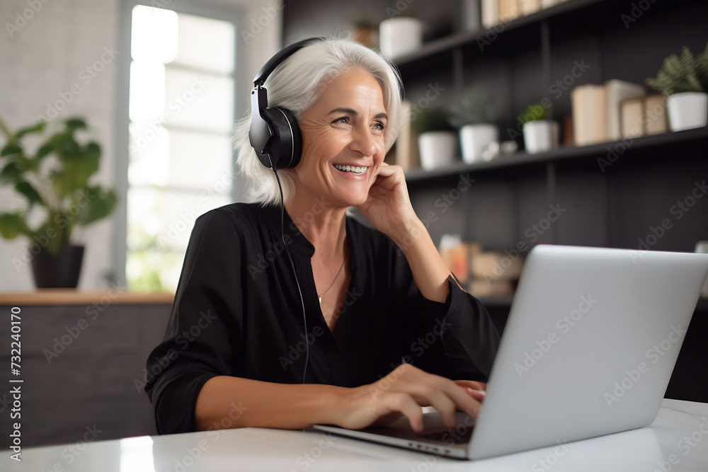 Cheerful Senior Woman with Headphones Using Laptop at Home. Online Communication and Lifestyle Concept Cheerful Senior Woman with Headphones Using Laptop at Home. Online Communication and Lifestyle Concept