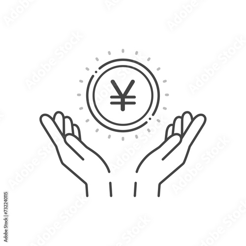 ¥の文字とコインを持っている人の手のアイコン- 日本や中国などのお金･円や元のイメージ