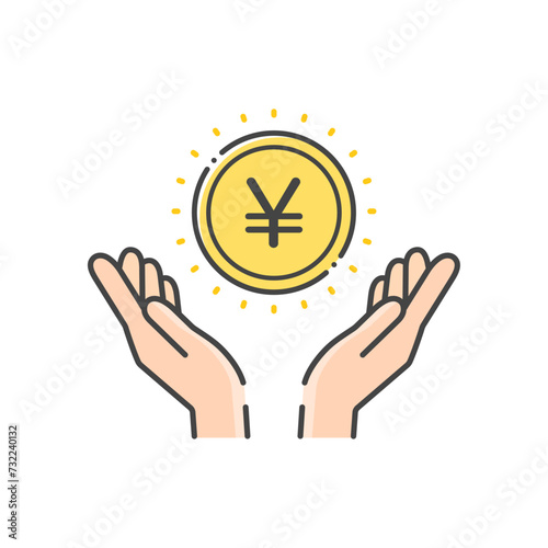 ¥の文字とコインを持っている人の手のアイコン- 日本や中国などのお金･円や元のイメージ
