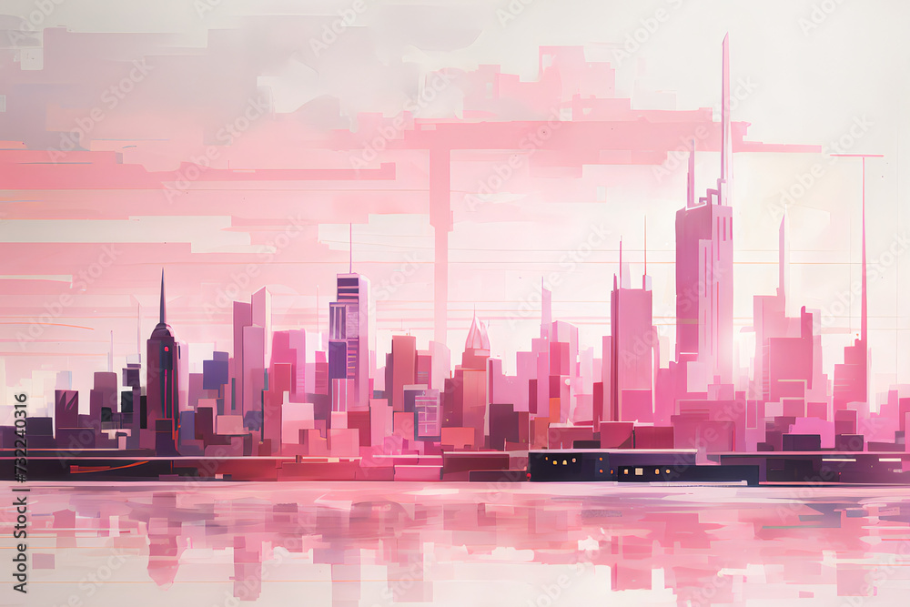 Pink Urban Dreams: Illustration of City Silhouette with Towering High-Rise Buildings, Aesthetic Skyline Art