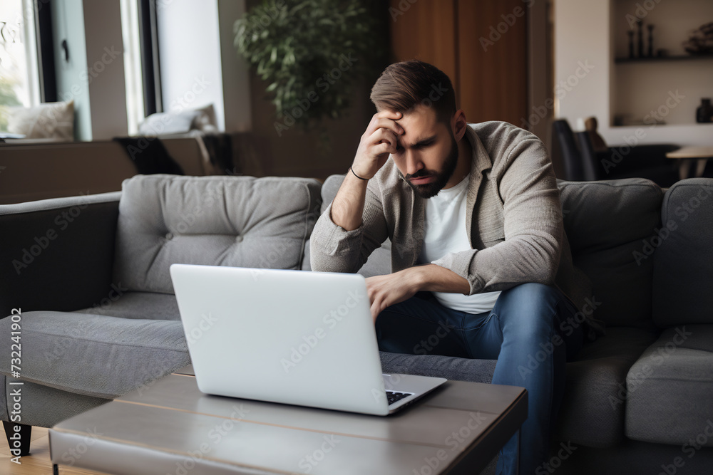 Worried Man Working on Laptop While Sitting on Sofa at Home. Stress and Remote Work Concept Worried Man Working on Laptop While Sitting on Sofa at Home. Stress and Remote Work Concept