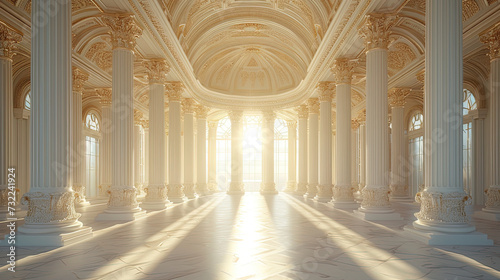 Interior of an empty hall with sunlight. Created with Ai