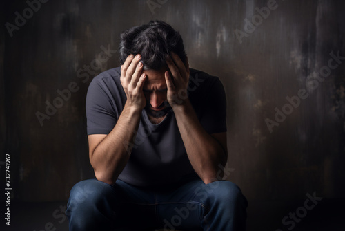 Distressed Man Sitting with Hands on Head in Dark Room. Mental Health and Despair Concept