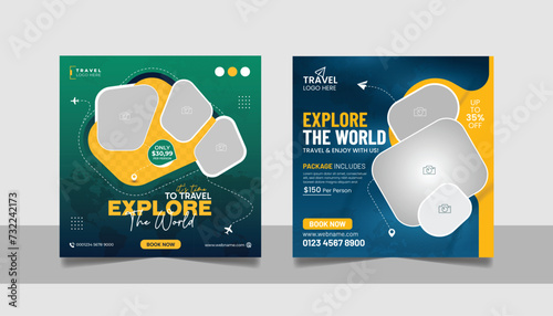 Travel tour promotion banner traveling business social media post or tourism marketing square flyer template