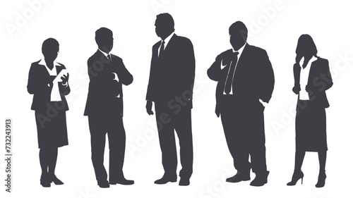 Business people group gray silhouettes pose on white background, flat line vector and illustration.