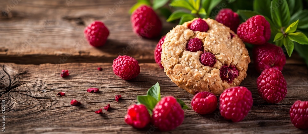 A delicious cookie, made with natural ingredients, placed on a wooden table, surrounded by fresh raspberries - a perfect fruity addition to any cuisine dish or recipe. A delicious cookie, made with natural ingredients, placed on a wooden table, surrounded by fresh raspberries - a perfect fruity addition to any cuisine dish or recipe.