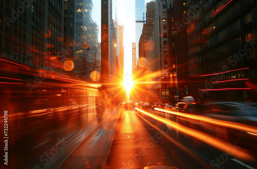 Blurred image of car traffic in the city at sunset
