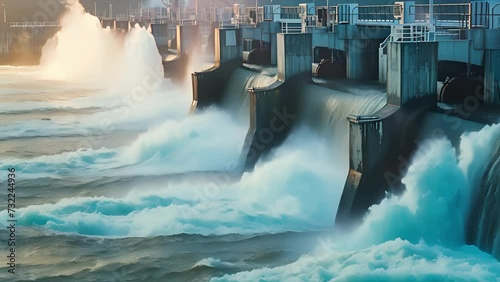 An upclose shot of a hydroelectric dam highlighting how water can be harnessed to generate clean energy for a factory. photo