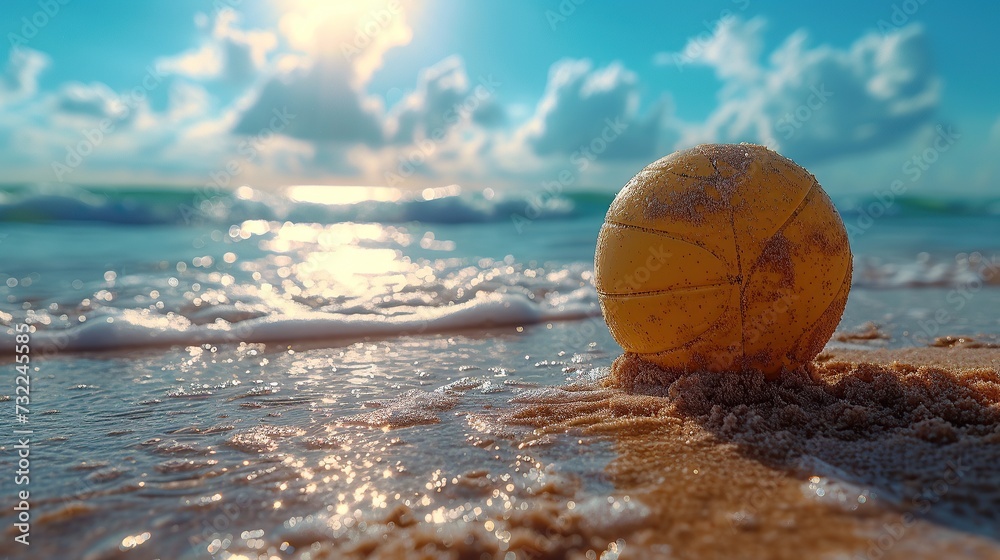 Focused ball on the beach sand, beach volleyball game under sunlight and blue sky blurred background
