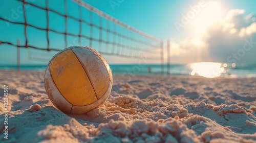 Focused ball on the beach sand, beach volleyball game under sunlight and blue sky blurred background photo