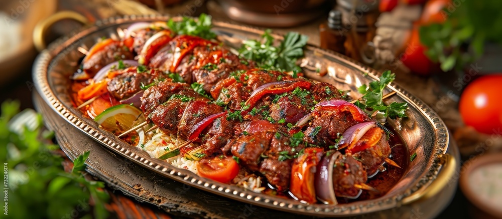 A detailed shot of a dish on a table, showcasing a delicious combination of seafood, meat, and vegetables with enticing garnishes.