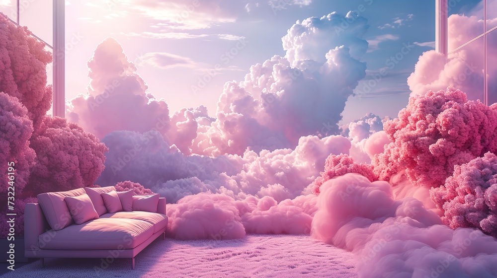 Pink magenta fantastic 3d clouds in the room interior, sky and landscape. Gentle colors and with bright lights. - obrazy, fototapety, plakaty 