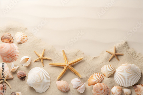 Beach Vacation Memories with Starfish and Seashells on Sandy Shore. Summer and Travel Concept