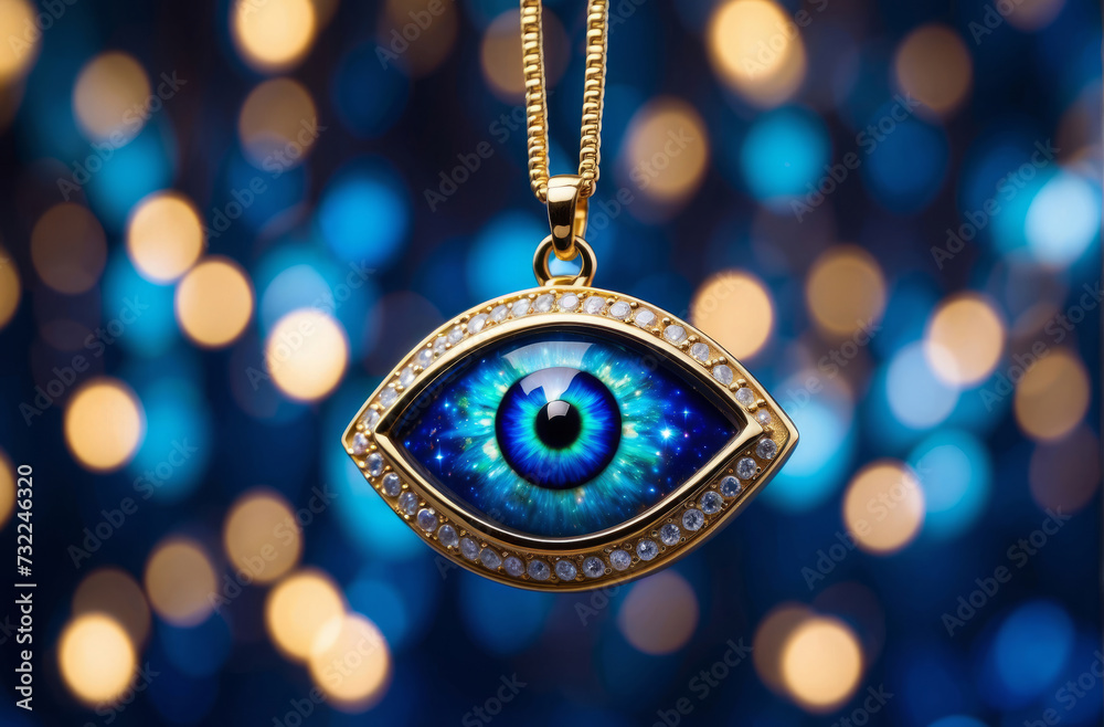 evil eye pendant on blue bokeh background evil eye pendant on blue bokeh background