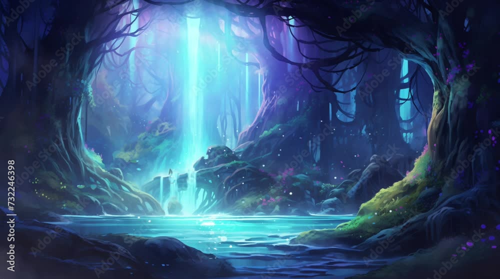 mysterious forest with blue lighting and waterfall fantasy landscape loop animation background illustration