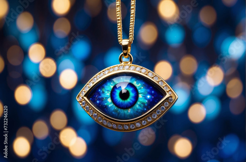 evil eye pendant on blue bokeh background photo