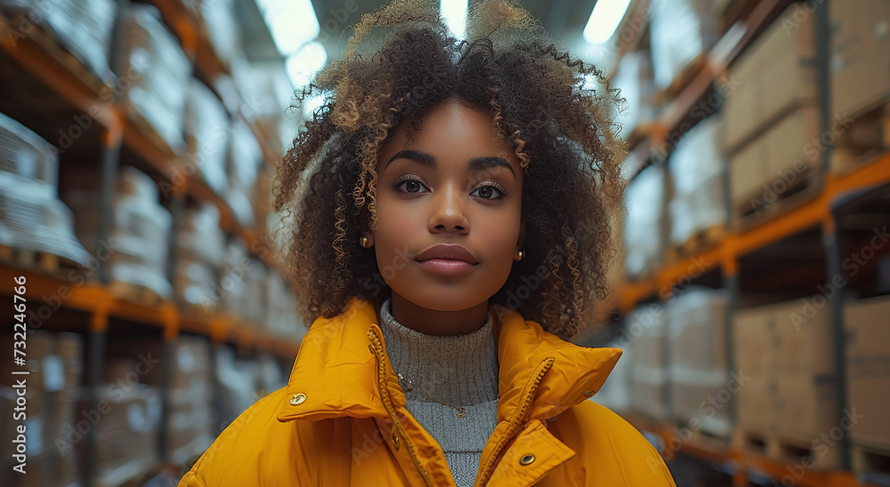 Portrait of a confident young woman in a yellow jacket standing in a warehouse.