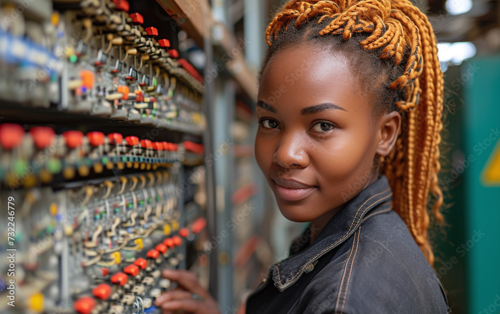 Confident female technician with braided hair working on electrical panel in industrial setting.