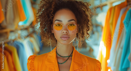 Stylish woman with curly hair wearing yellow sunglasses and jacket in a vibrant clothing store.