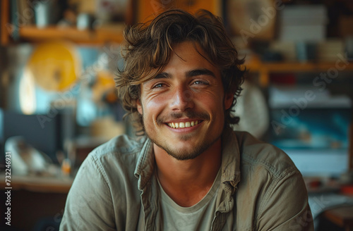 Portrait of a smiling young man with curly hair, casually dressed, in a cozy indoor setting. photo
