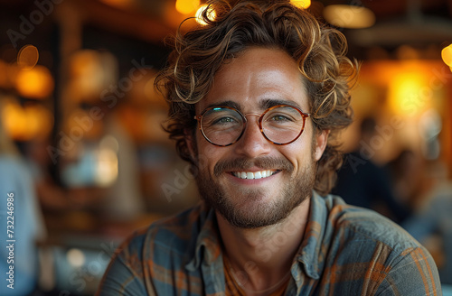 Portrait of a smiling young man with curly hair and glasses in a casual setting.